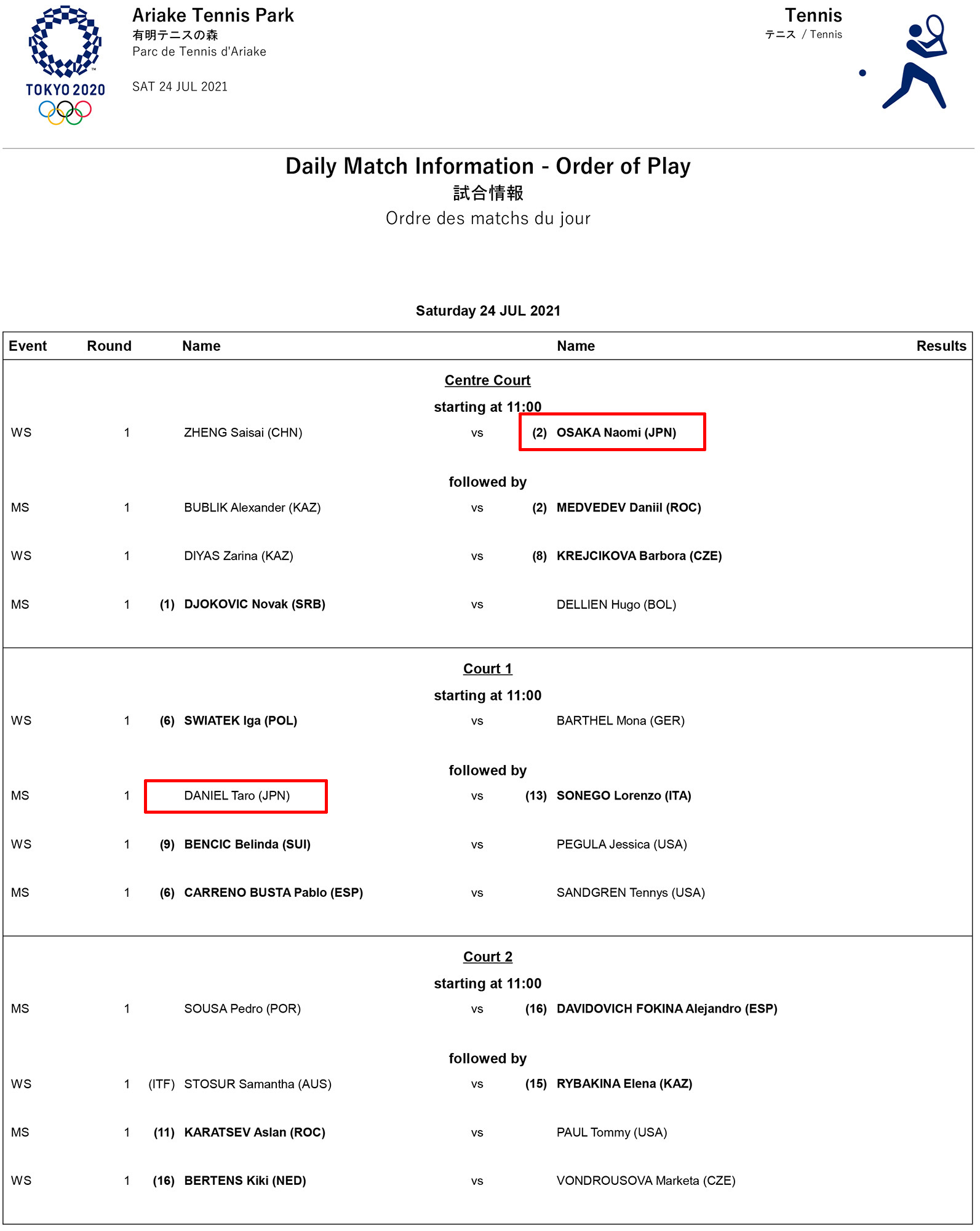 大坂なおみが開幕マッチに登場 初日24日の試合予定が発表に 東京オリンピック
